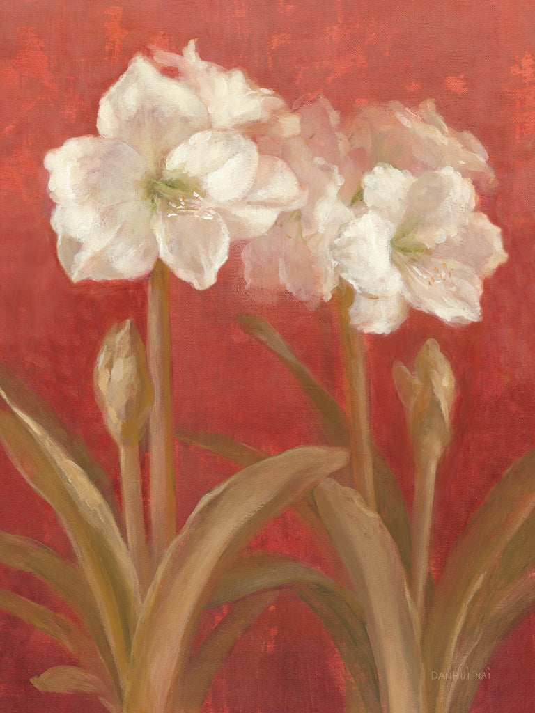 Reproduction of White Amaryllis on Red III by Danhui Nai - Wall Decor Art