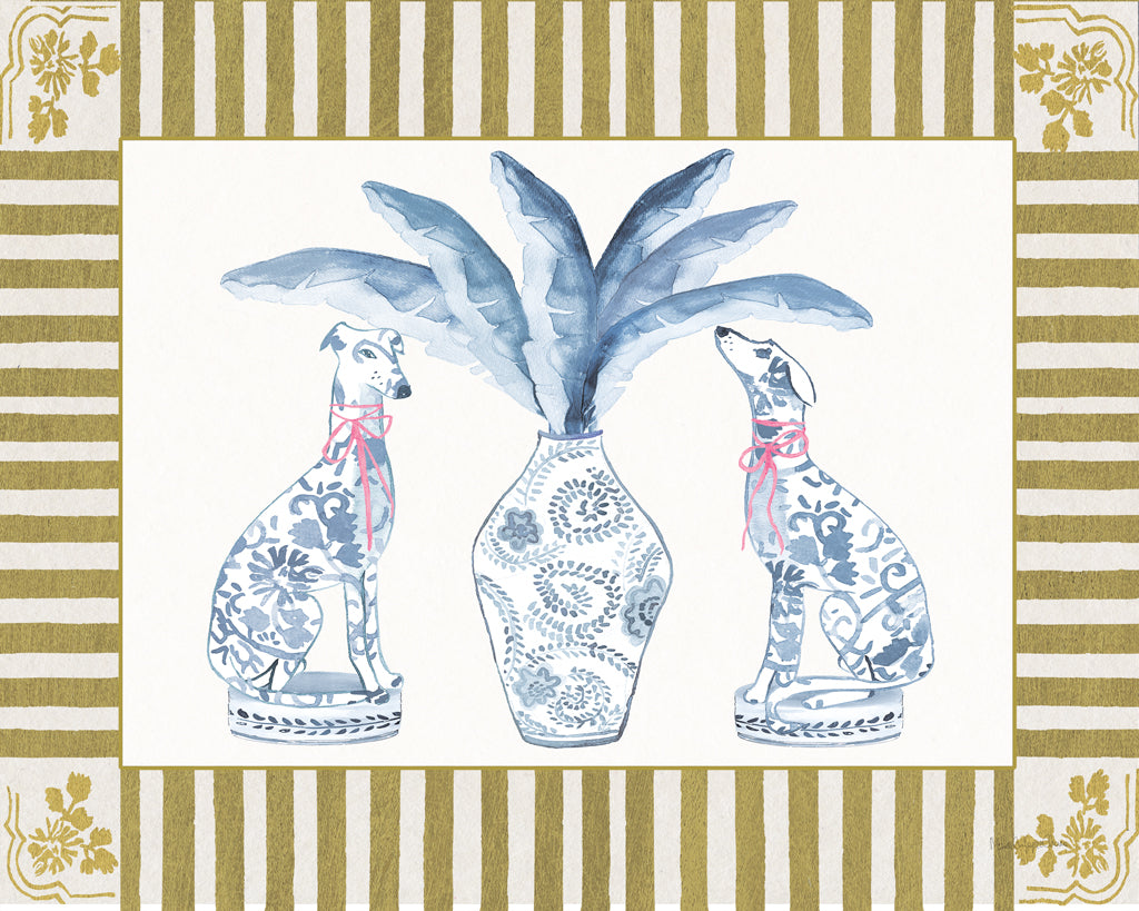 Reproduction of Chinoiserie Dogs I Gold Stripe by Mercedes Lopez Charro - Wall Decor Art