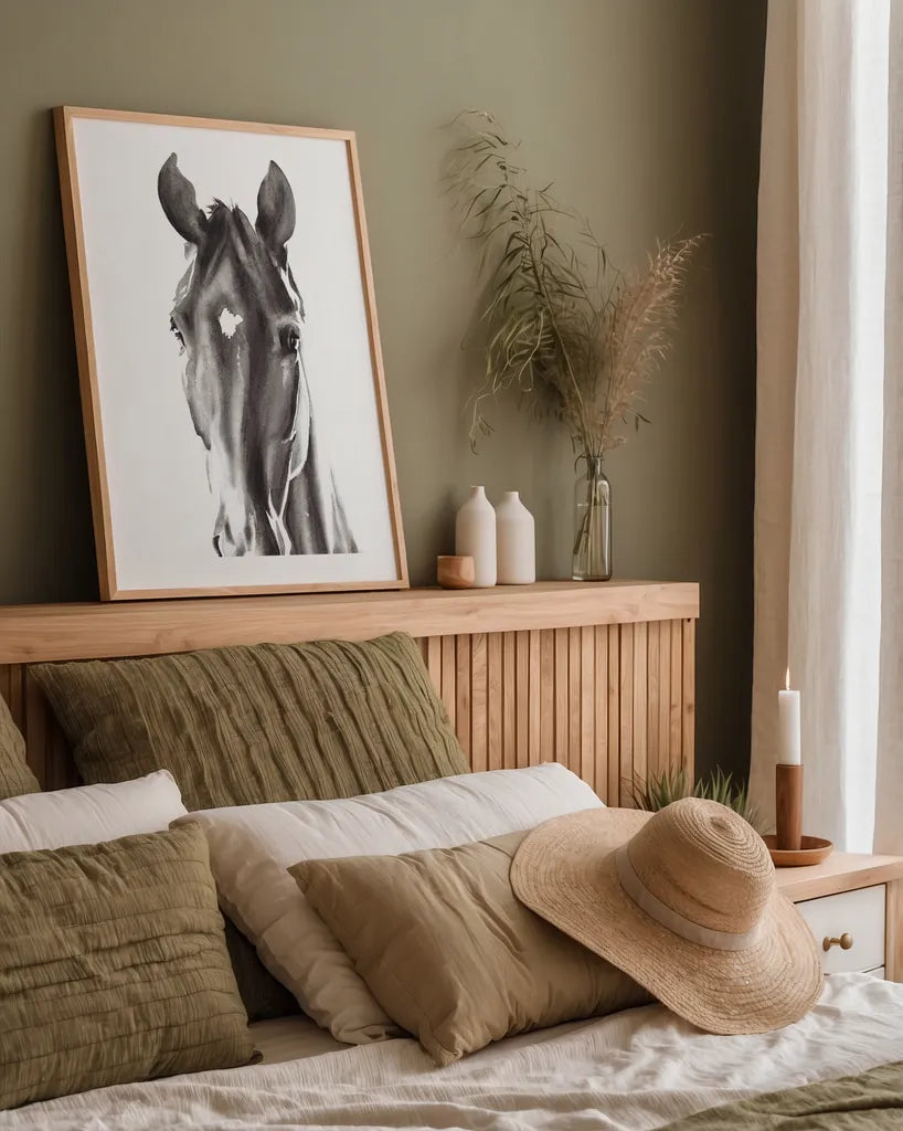 Le Cheval Noir by Aimee Del Valle. shown as a paper print in a natural frame. Available as a archival giclee rolled canvas, fine art paper, or poster print. SKU 45779h.