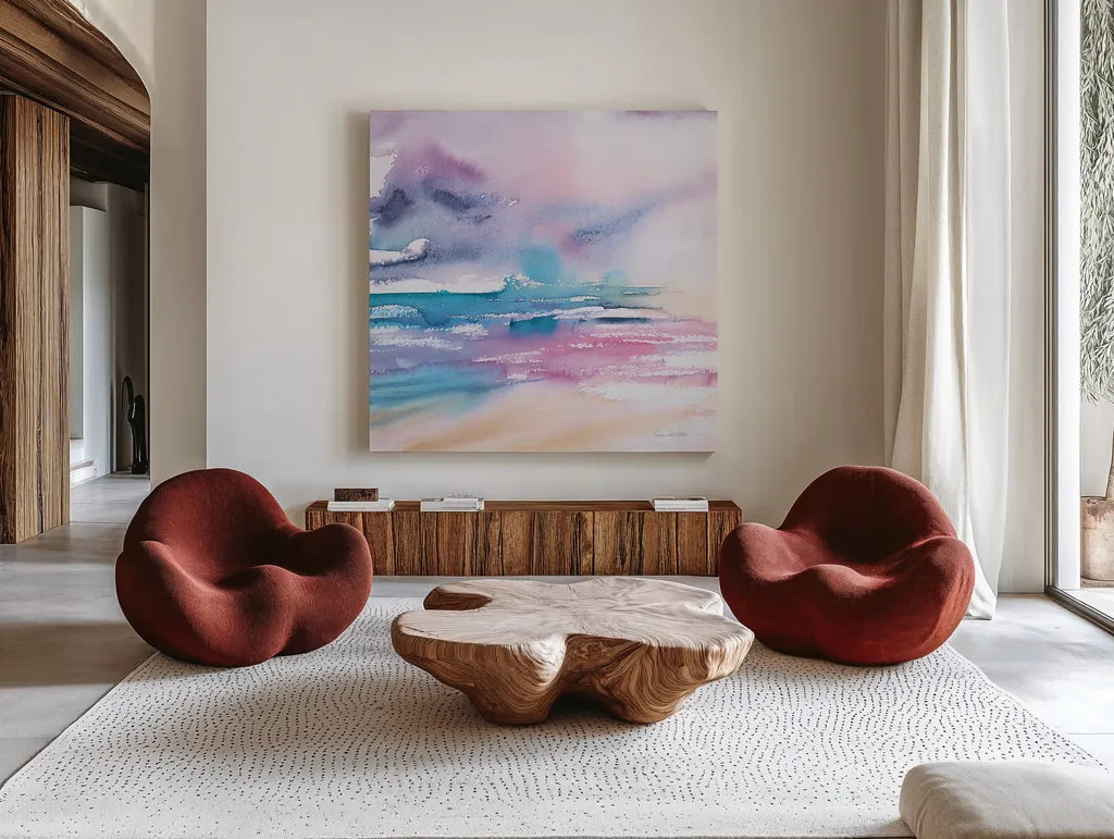 Violet Sky by Aimee Del Valle. Shown as extra-large giant wall art in a modern living room. Available as an archival giclee rolled canvas, fine art paper, or poster print. SKU 68317a.