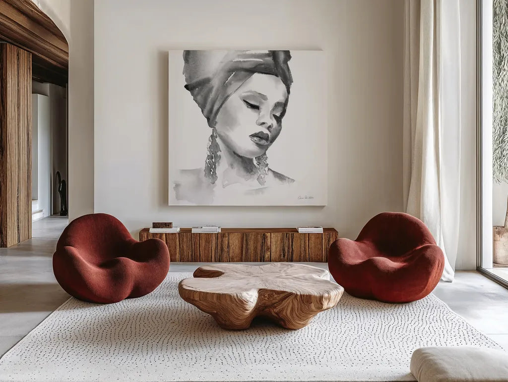 Woman II BW Crop by Aimee Del Valle. Shown as extra-large giant wall art in a modern living room. Available as an archival giclee rolled canvas, fine art paper, or poster print. SKU 67207a.