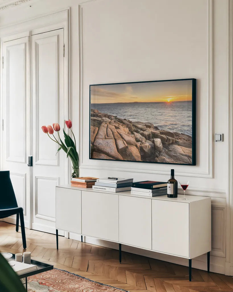 Acadia Sunrise by Alan Majchrowicz. shown as a framed stretched canvas in a living room above a console. Available as a archival giclee rolled canvas, fine art paper, or poster print. SKU 47839i.