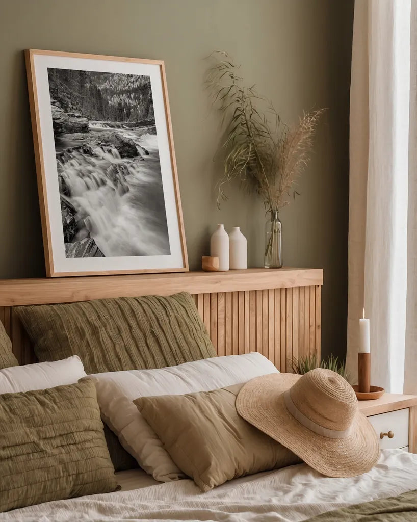 Aspens at McDonald Creek Falls by Alan Majchrowicz. shown as a paper print in a natural frame. Available as a archival giclee rolled canvas, fine art paper, or poster print. SKU 43796h.