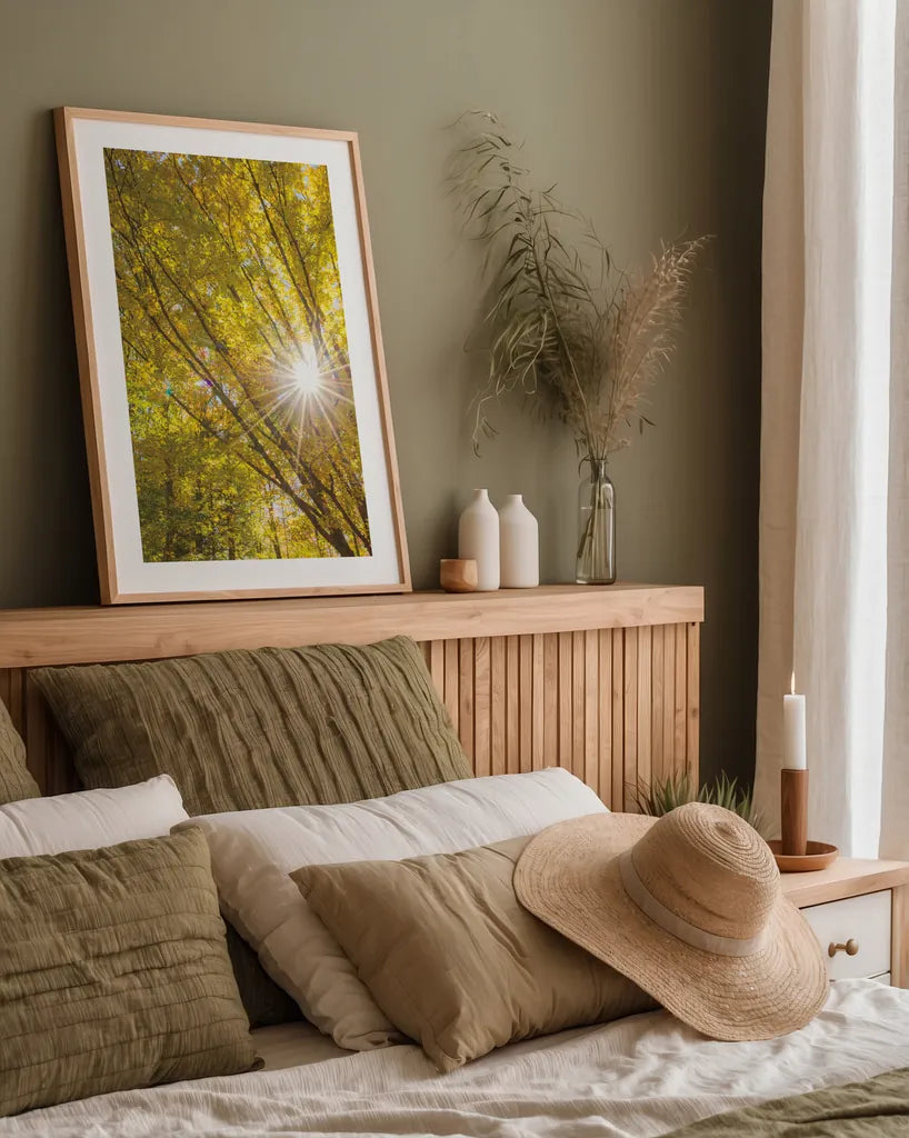 Autumn Foliage Sunburst I by Alan Majchrowicz. shown as a paper print in a natural frame. Available as a archival giclee rolled canvas, fine art paper, or poster print. SKU 52762h.