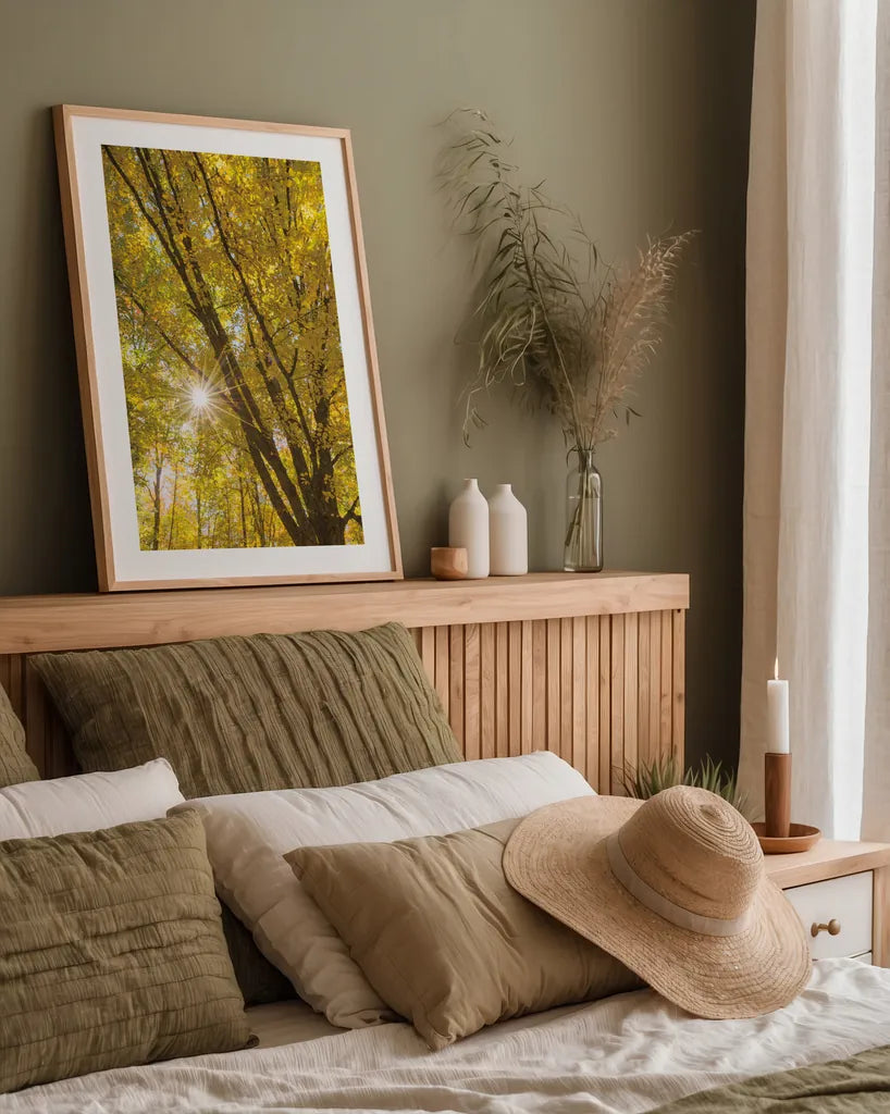 Autumn Foliage Sunburst II by Alan Majchrowicz. shown as a paper print in a natural frame. Available as a archival giclee rolled canvas, fine art paper, or poster print. SKU 52763h.