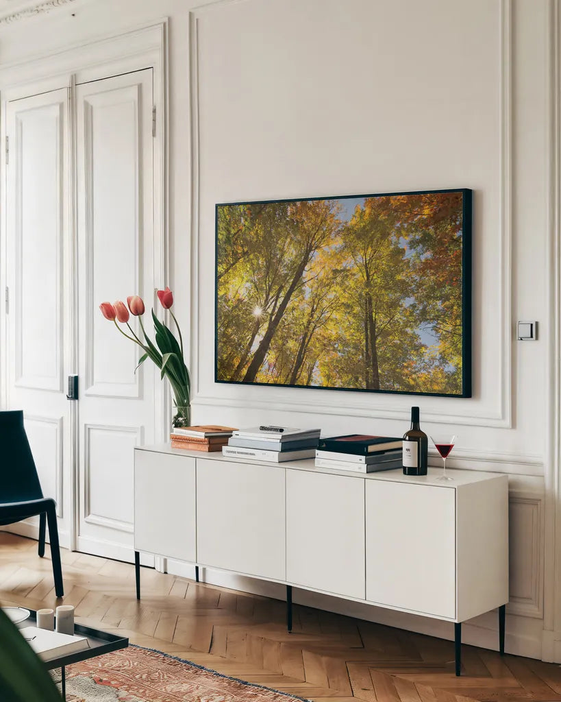Autumn Foliage Sunburst IV by Alan Majchrowicz. shown as a framed stretched canvas in a living room above a console. Available as a archival giclee rolled canvas, fine art paper, or poster print. SKU 52765i.