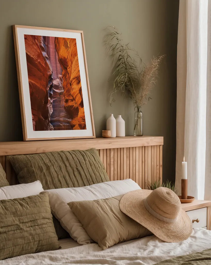 Buckskin Gulch IV by Alan Majchrowicz. shown as a paper print in a natural frame. Available as a archival giclee rolled canvas, fine art paper, or poster print. SKU 53475h.