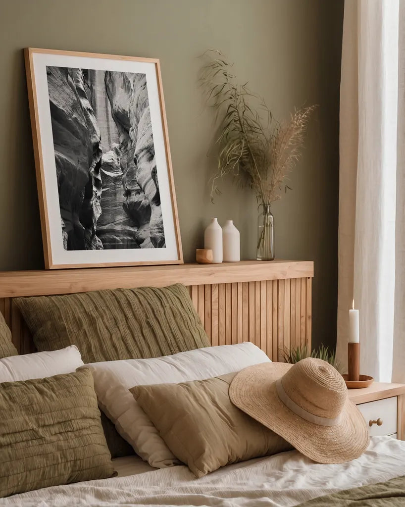 Buckskin Gulch IV BW by Alan Majchrowicz. shown as a paper print in a natural frame. Available as a archival giclee rolled canvas, fine art paper, or poster print. SKU 53663h.