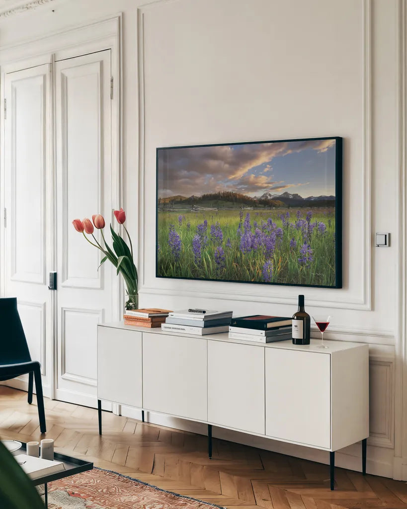 Camas Meadows by Alan Majchrowicz. shown as a framed stretched canvas in a living room above a console. Available as a archival giclee rolled canvas, fine art paper, or poster print. SKU 90659i.