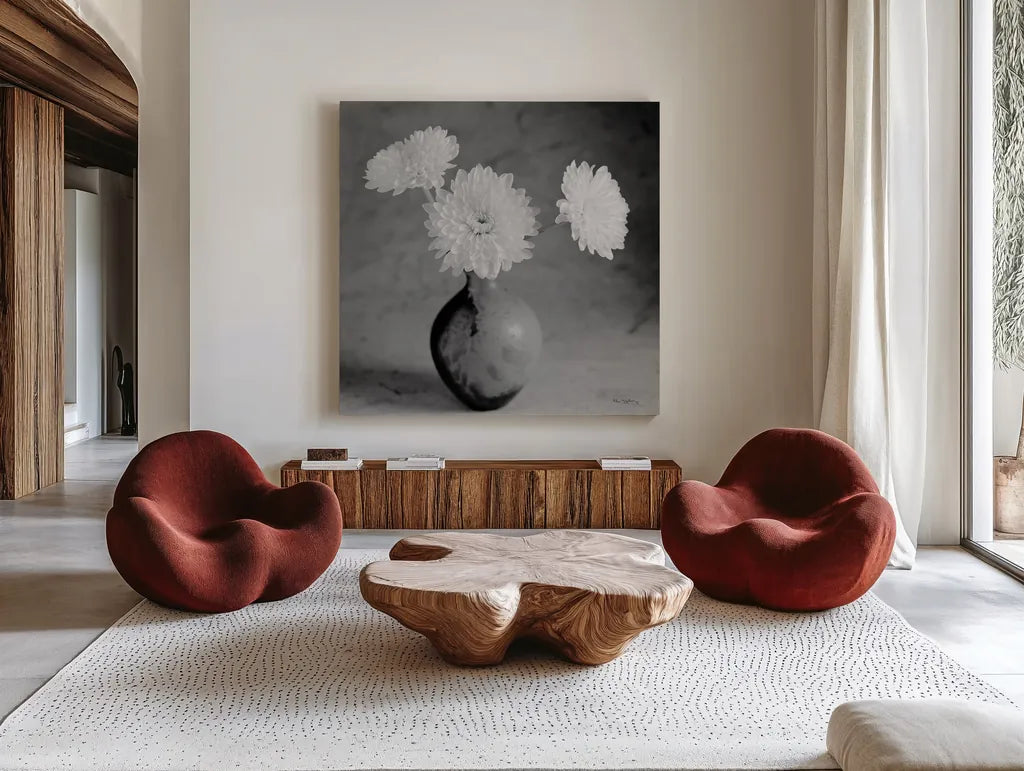 Chrysanthemum IV by Alan Majchrowicz. Shown as extra-large giant wall art in a modern living room. Available as an archival giclee rolled canvas, fine art paper, or poster print. SKU 100518a.