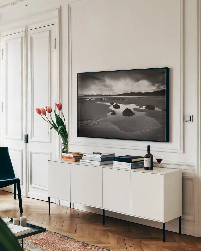 Clearing Storm on Washington Coast VI by Alan Majchrowicz. shown as a framed stretched canvas in a living room above a console. Available as a archival giclee rolled canvas, fine art paper, or poster print. SKU 43956i.