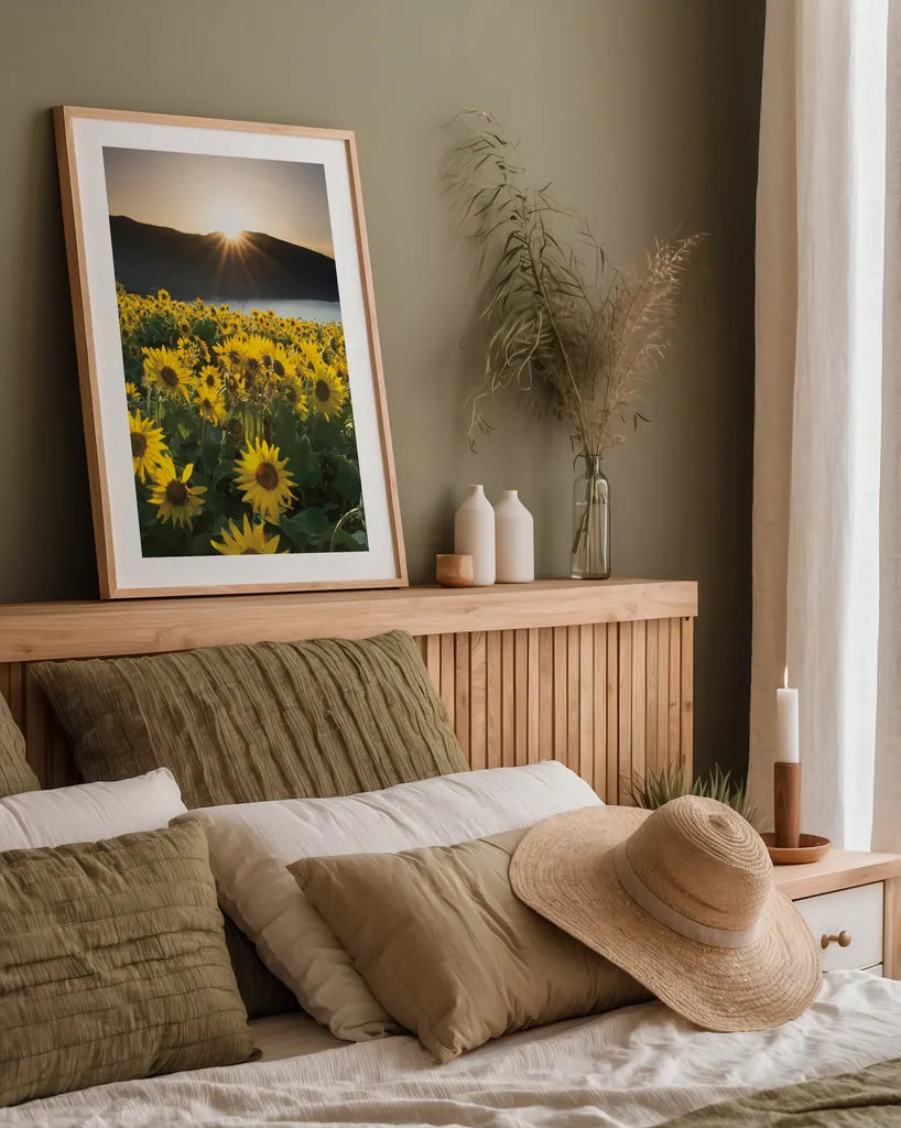 Columbia River Gorge Sunrise by Alan Majchrowicz. shown as a paper print in a natural frame. Available as a archival giclee rolled canvas, fine art paper, or poster print. SKU 33789h.