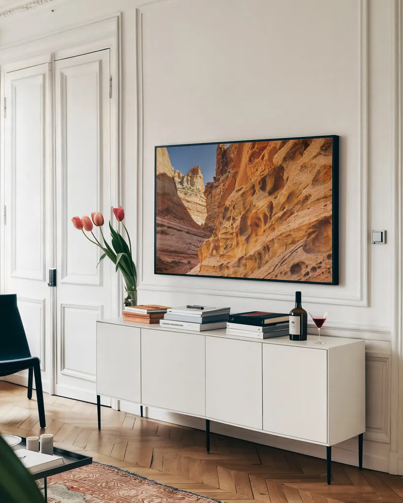Crack Canyon I by Alan Majchrowicz. shown as a framed stretched canvas in a living room above a console. Available as a archival giclee rolled canvas, fine art paper, or poster print. SKU 53587i.