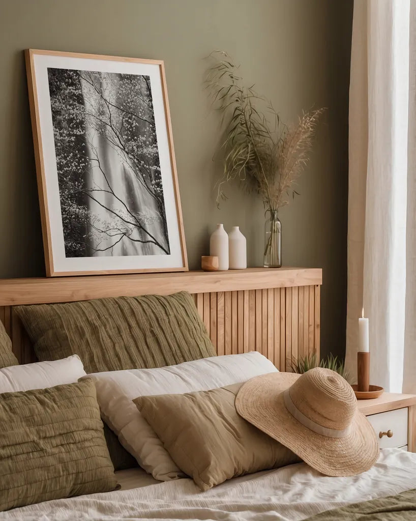 Double Falls I by Alan Majchrowicz. shown as a paper print in a natural frame. Available as a archival giclee rolled canvas, fine art paper, or poster print. SKU 43961h.