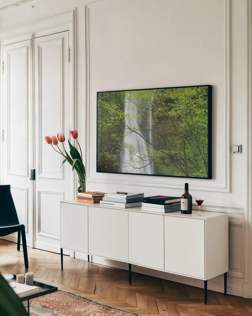 Double Falls II Color by Alan Majchrowicz. shown as a framed stretched canvas in a living room above a console. Available as a archival giclee rolled canvas, fine art paper, or poster print. SKU 25996i.