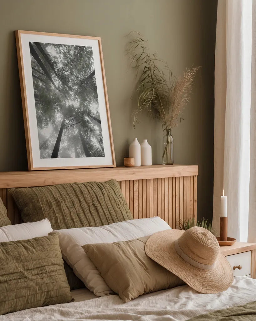 Fir Trees I Bright by Alan Majchrowicz. shown as a paper print in a natural frame. Available as a archival giclee rolled canvas, fine art paper, or poster print. SKU 30783h.