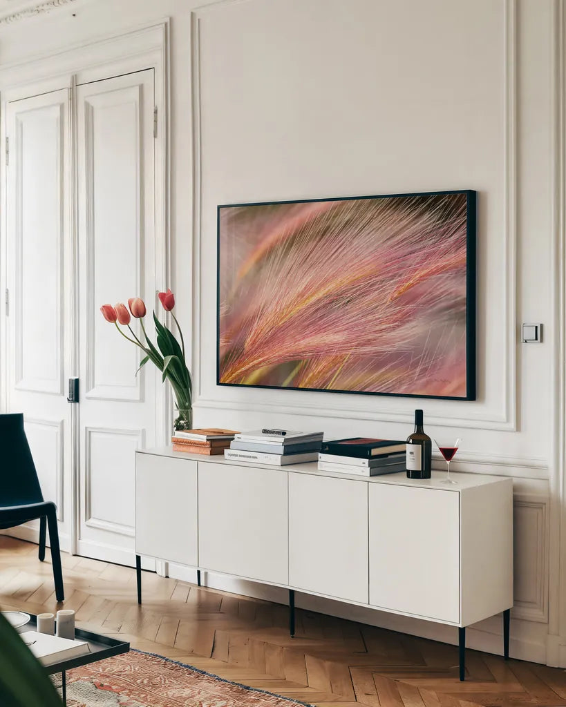 Foxtail Barley III by Alan Majchrowicz. shown as a framed stretched canvas in a living room above a console. Available as a archival giclee rolled canvas, fine art paper, or poster print. SKU 52314i.