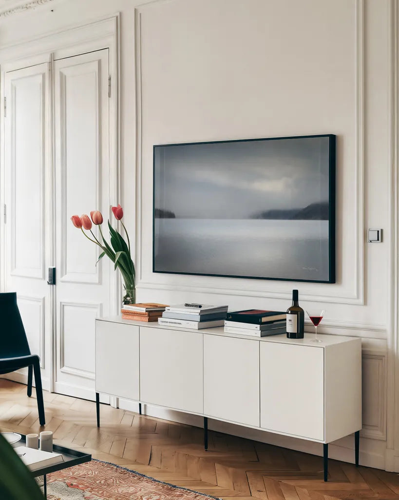 Lake Reflection Idaho by Alan Majchrowicz. shown as a framed stretched canvas in a living room above a console. Available as a archival giclee rolled canvas, fine art paper, or poster print. SKU 71204i.