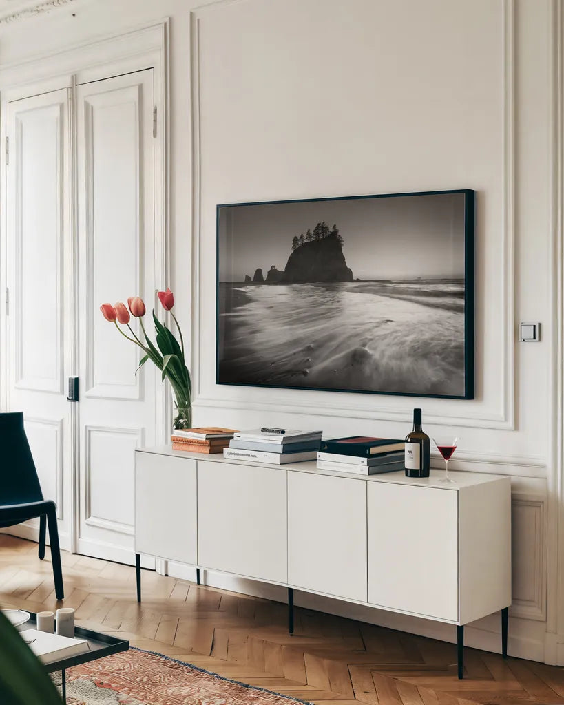 Little James Island by Alan Majchrowicz. shown as a framed stretched canvas in a living room above a console. Available as a archival giclee rolled canvas, fine art paper, or poster print. SKU 64546i.