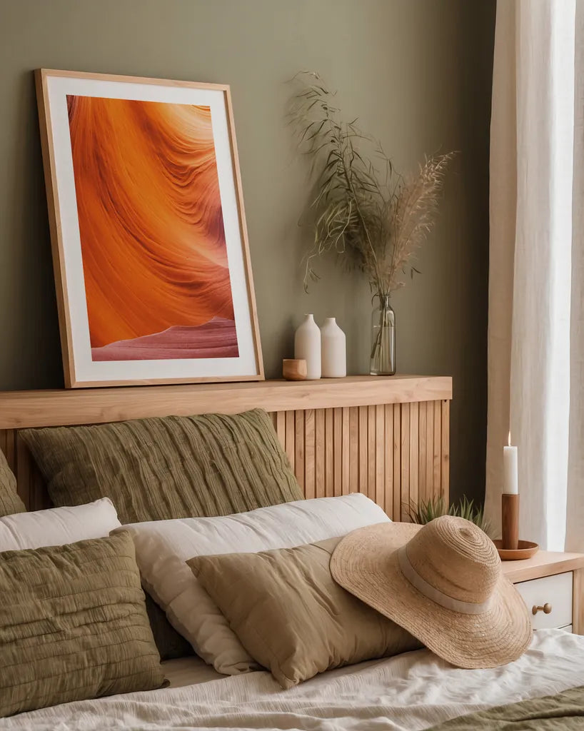 Lower Antelope Canyon VII by Alan Majchrowicz. shown as a paper print in a natural frame. Available as a archival giclee rolled canvas, fine art paper, or poster print. SKU 53276h.