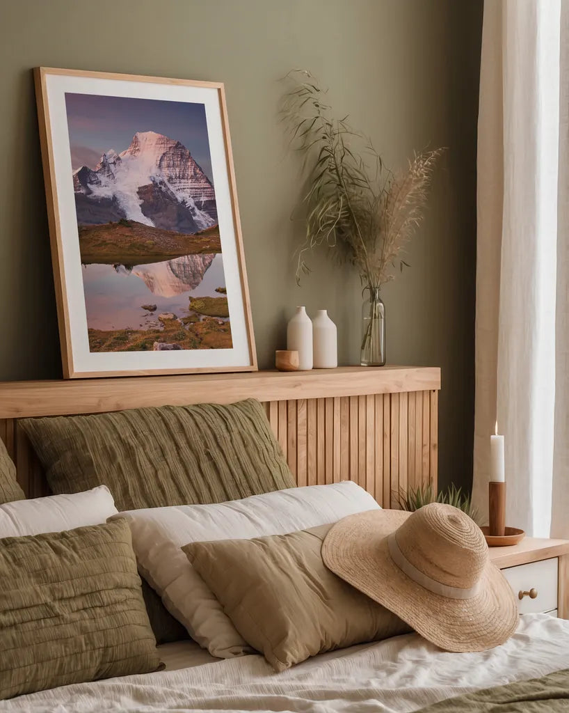 Mount Robson by Alan Majchrowicz. shown as a paper print in a natural frame. Available as a archival giclee rolled canvas, fine art paper, or poster print. SKU 28091h.