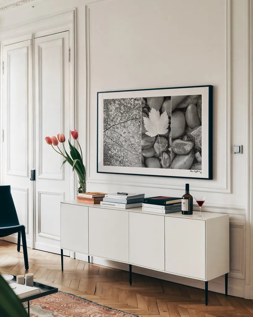 Nature Trio by Alan Majchrowicz. shown as a framed stretched canvas in a living room above a console. Available as a archival giclee rolled canvas, fine art paper, or poster print. SKU 2990i.