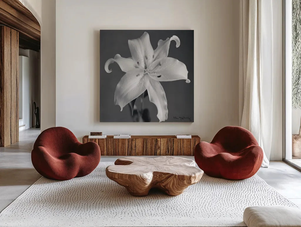 Orient Lily I Crop by Alan Majchrowicz. Shown as extra-large giant wall art in a modern living room. Available as an archival giclee rolled canvas, fine art paper, or poster print. SKU 44143a.