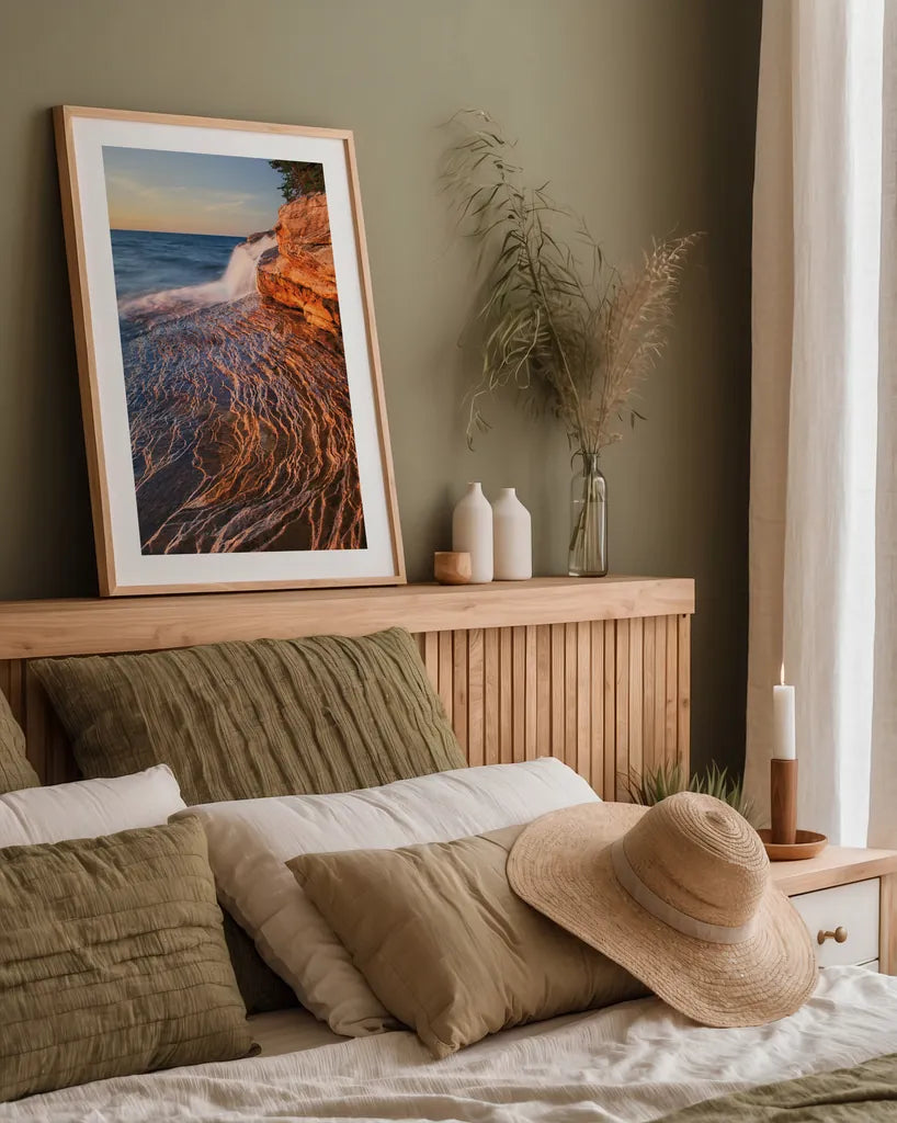 Pictured Rocks Michigan I by Alan Majchrowicz. shown as a paper print in a natural frame. Available as a archival giclee rolled canvas, fine art paper, or poster print. SKU 50392h.