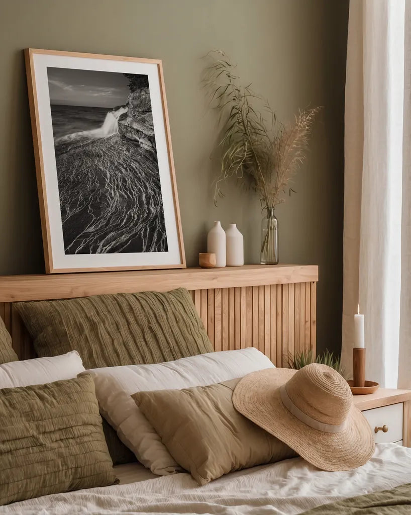 Pictured Rocks Michigan I BW by Alan Majchrowicz. shown as a paper print in a natural frame. Available as a archival giclee rolled canvas, fine art paper, or poster print. SKU 50393h.