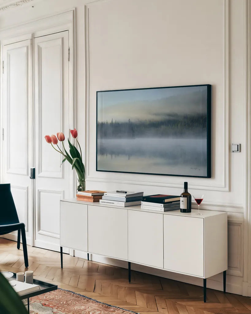 Redfish Lake Idaho by Alan Majchrowicz. shown as a framed stretched canvas in a living room above a console. Available as a archival giclee rolled canvas, fine art paper, or poster print. SKU 71679i.