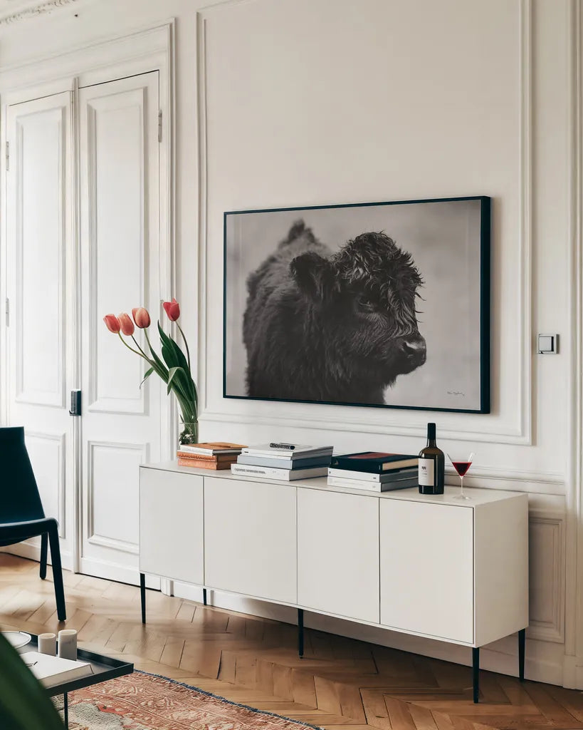 Scottish Highland Cattle XI BW by Alan Majchrowicz. shown as a framed stretched canvas in a living room above a console. Available as a archival giclee rolled canvas, fine art paper, or poster print. SKU 54940i.