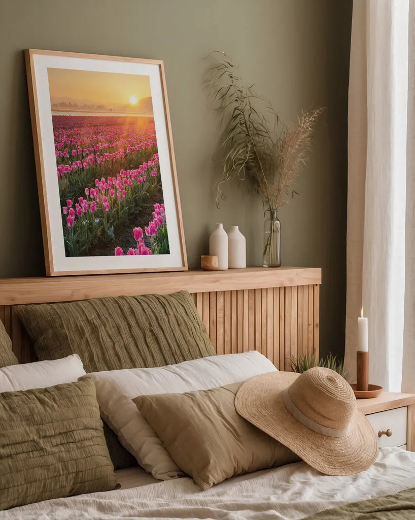 Skagit Valley Tulips II by Alan Majchrowicz. shown as a paper print in a natural frame. Available as a archival giclee rolled canvas, fine art paper, or poster print. SKU 46181h.
