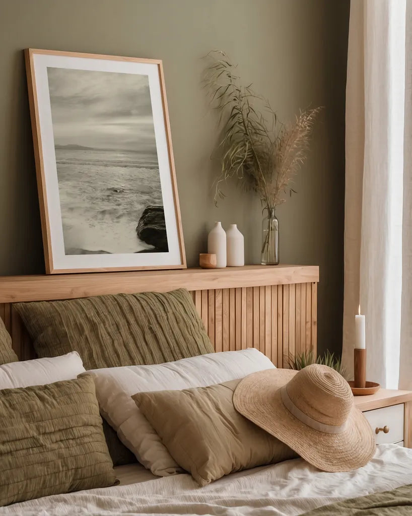 Tides and Waves Triptych III by Alan Majchrowicz. shown as a paper print in a natural frame. Available as a archival giclee rolled canvas, fine art paper, or poster print. SKU 82195h.