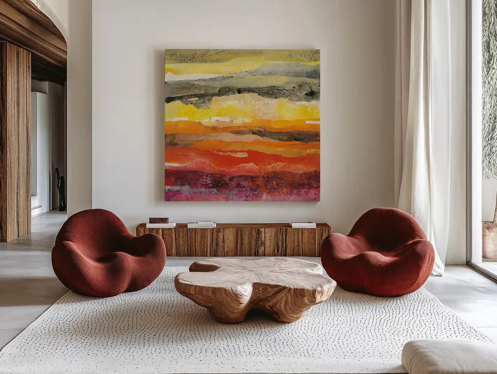 Abstract Layers II by Albena Hristova. Shown as extra-large giant wall art in a modern living room. Available as an archival giclee rolled canvas, fine art paper, or poster print. SKU 54823a.