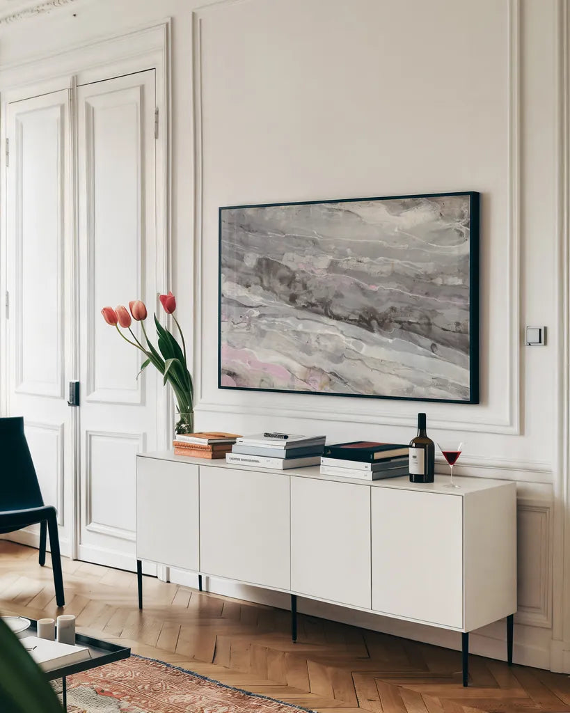 Alabaster by Albena Hristova. shown as a framed stretched canvas in a living room above a console. Available as a archival giclee rolled canvas, fine art paper, or poster print. SKU 54066i.