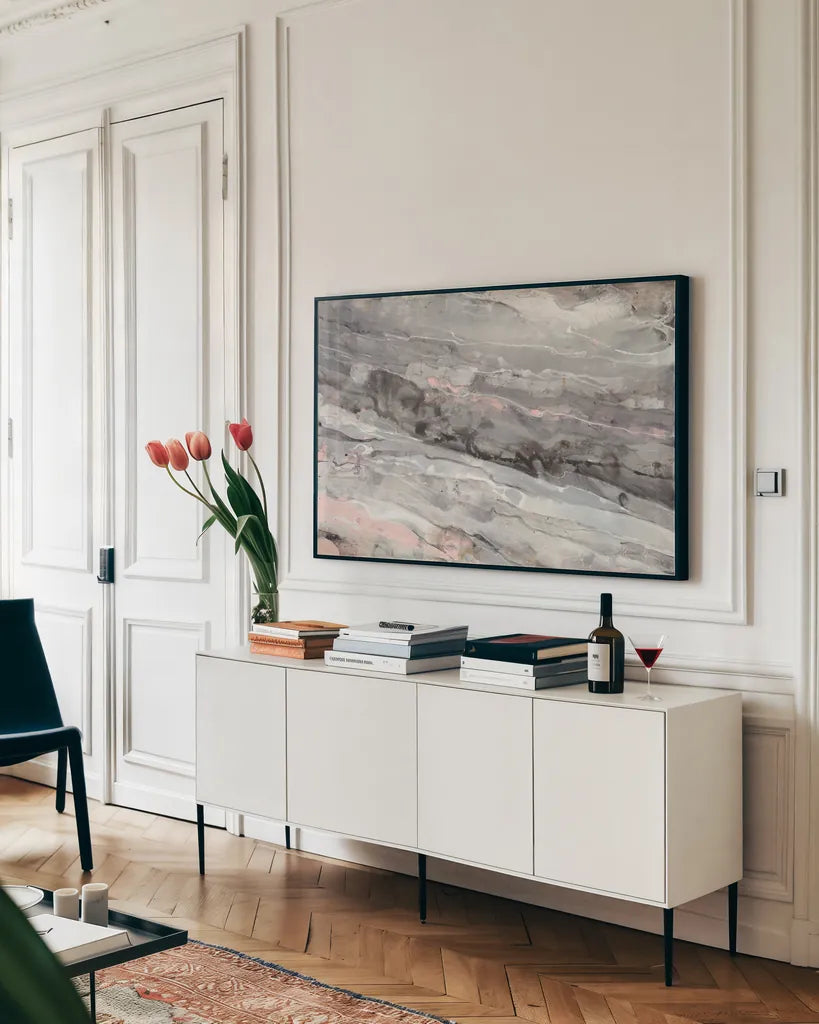 Albaster Blush by Albena Hristova. shown as a framed stretched canvas in a living room above a console. Available as a archival giclee rolled canvas, fine art paper, or poster print. SKU 57194i.