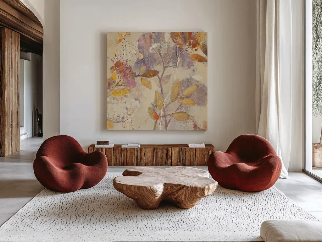 Autumn Botanicals II by Albena Hristova. Shown as extra-large giant wall art in a modern living room. Available as an archival giclee rolled canvas, fine art paper, or poster print. SKU 17797a.