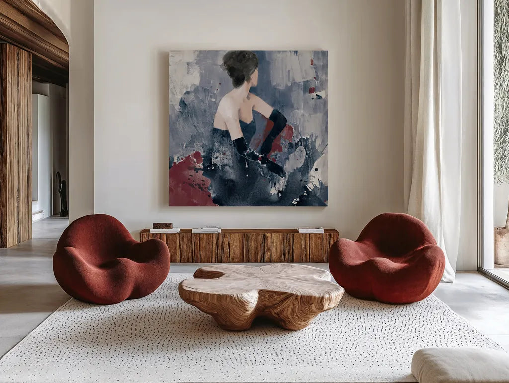 Beautiful Gaze I Blue by Albena Hristova. Shown as extra-large giant wall art in a modern living room. Available as an archival giclee rolled canvas, fine art paper, or poster print. SKU 84845a.