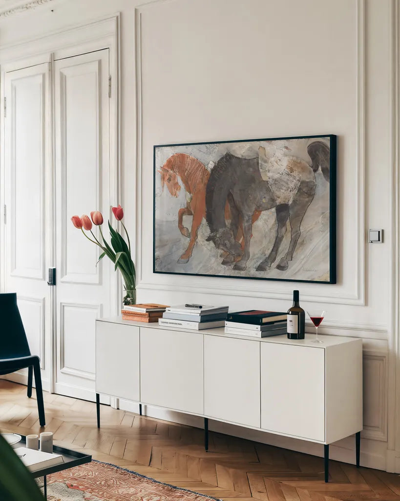 Blaze and Shadow by Albena Hristova. shown as a framed stretched canvas in a living room above a console. Available as a archival giclee rolled canvas, fine art paper, or poster print. SKU 89807i.