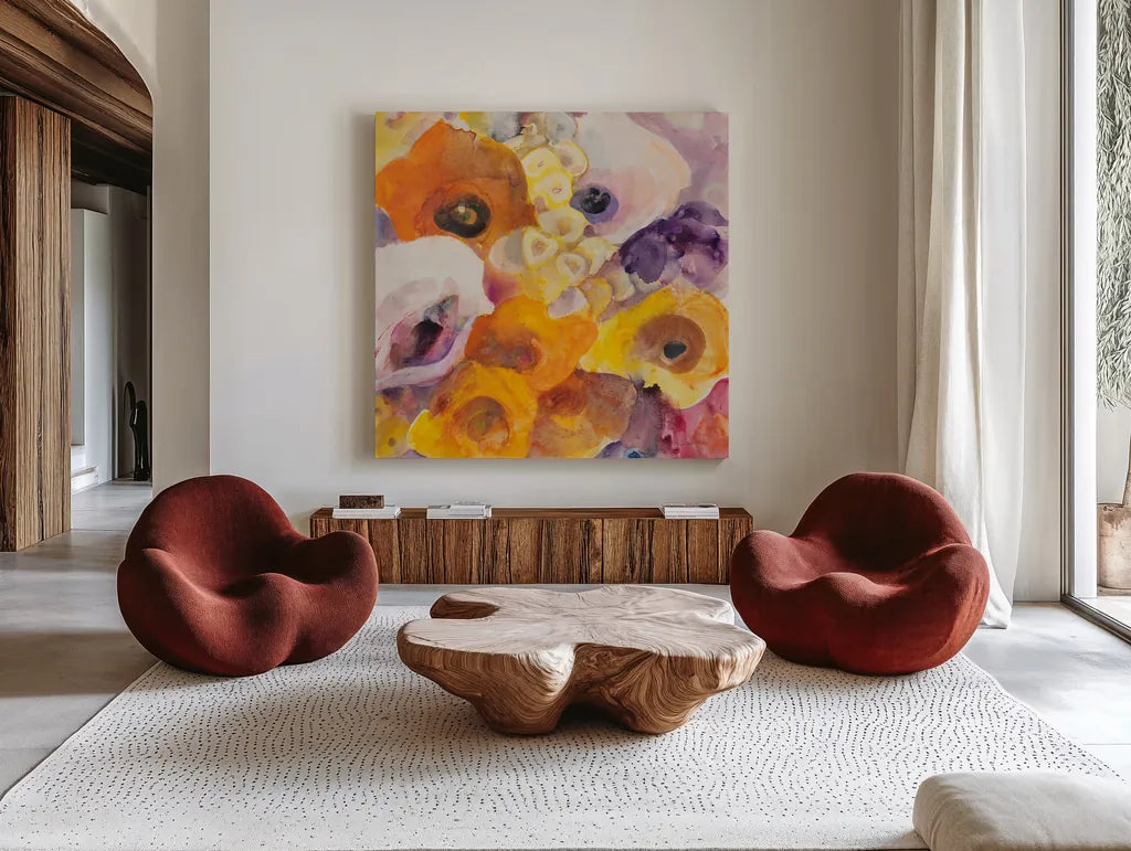 Bright Flowers IV by Albena Hristova. Shown as extra-large giant wall art in a modern living room. Available as an archival giclee rolled canvas, fine art paper, or poster print. SKU 86907a.