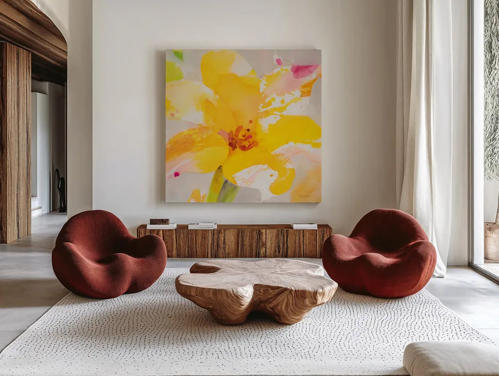 Bright Tulips III by Albena Hristova. Shown as extra-large giant wall art in a modern living room. Available as an archival giclee rolled canvas, fine art paper, or poster print. SKU 80165a.