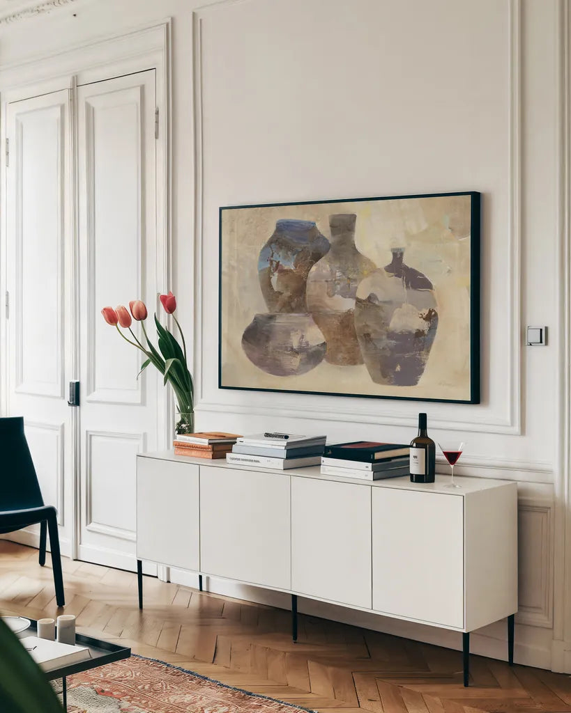 Ceramic Still Life by Albena Hristova. shown as a framed stretched canvas in a living room above a console. Available as a archival giclee rolled canvas, fine art paper, or poster print. SKU 35190i.