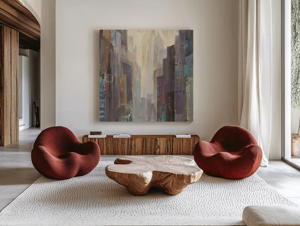 City at Dawn by Albena Hristova. Shown as extra-large giant wall art in a modern living room. Available as an archival giclee rolled canvas, fine art paper, or poster print. SKU 14543a.