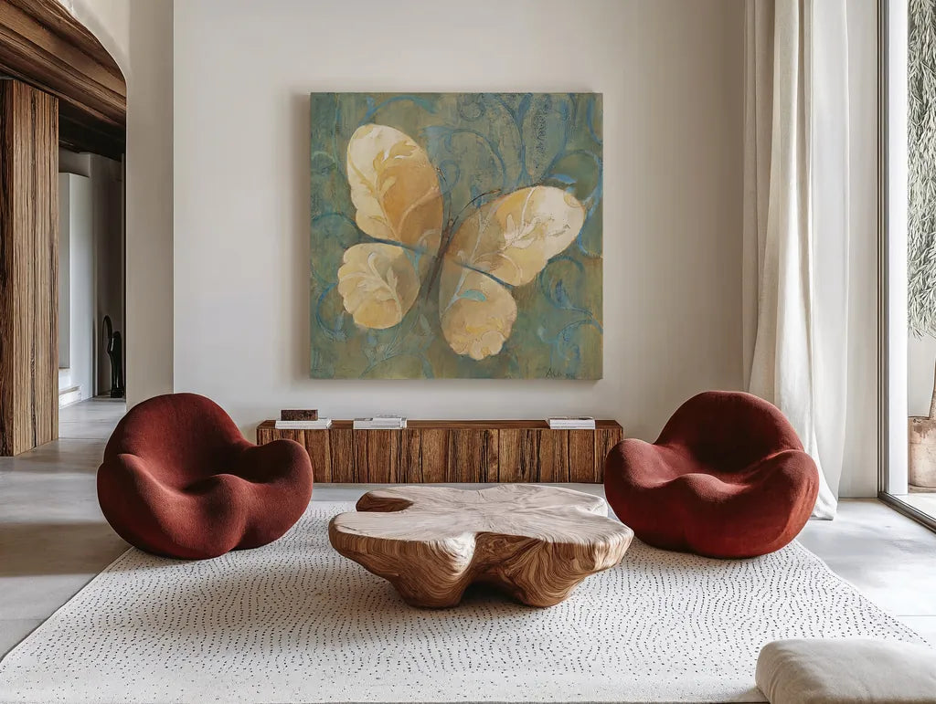 Damask Butterfly II by Albena Hristova. Shown as extra-large giant wall art in a modern living room. Available as an archival giclee rolled canvas, fine art paper, or poster print. SKU 12096a.