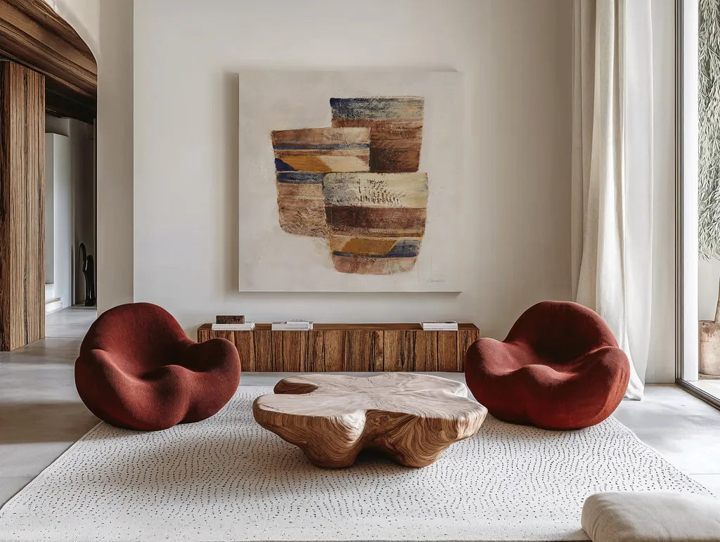 Desert Still Life II Navy by Albena Hristova. Shown as extra-large giant wall art in a modern living room. Available as an archival giclee rolled canvas, fine art paper, or poster print. SKU 66948a.