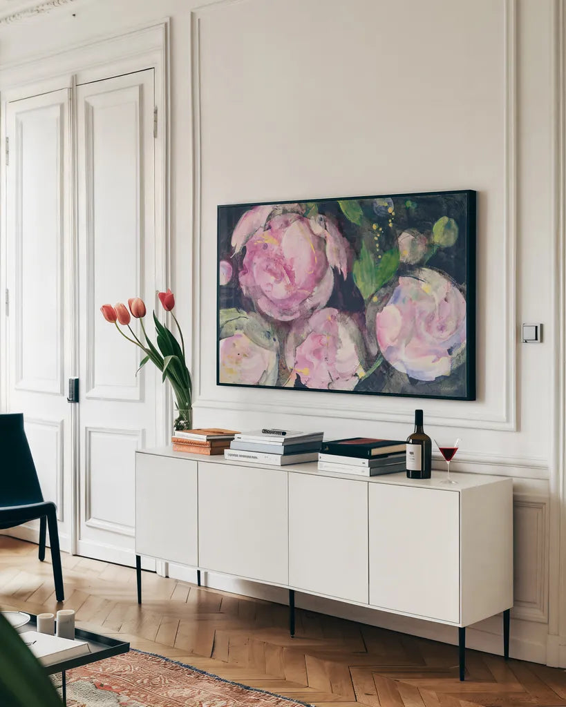Evening Peonies II by Albena Hristova. shown as a framed stretched canvas in a living room above a console. Available as a archival giclee rolled canvas, fine art paper, or poster print. SKU 62486i.