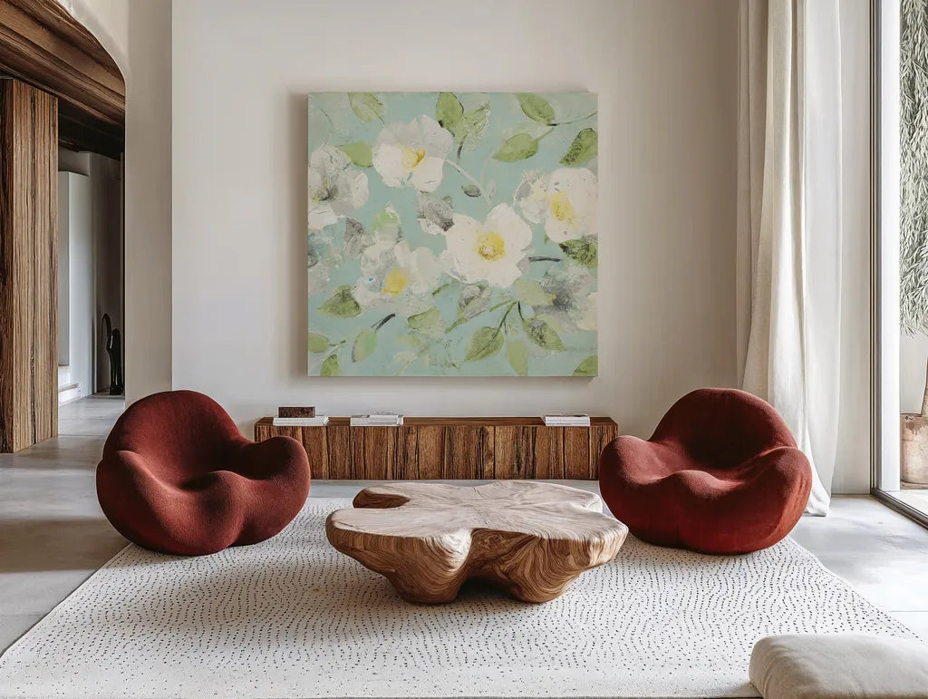 Fading Spring Blue - Bright White Crop by Albena Hristova. Shown as extra-large giant wall art in a modern living room. Available as an archival giclee rolled canvas, fine art paper, or poster print. SKU 46981a.