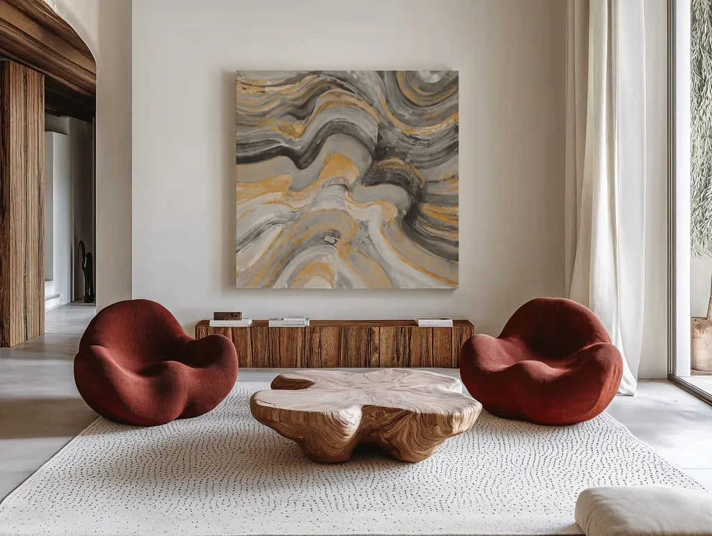 Floating Lava Autumn by Albena Hristova. Shown as extra-large giant wall art in a modern living room. Available as an archival giclee rolled canvas, fine art paper, or poster print. SKU 78327a.