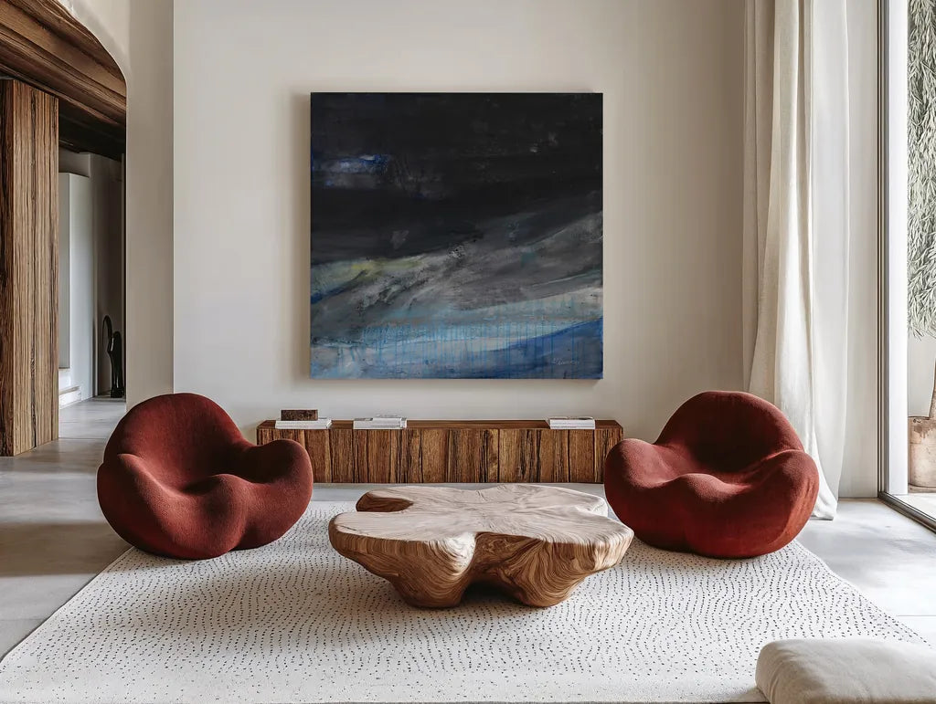 Flow I by Albena Hristova. Shown as extra-large giant wall art in a modern living room. Available as an archival giclee rolled canvas, fine art paper, or poster print. SKU 77988a.