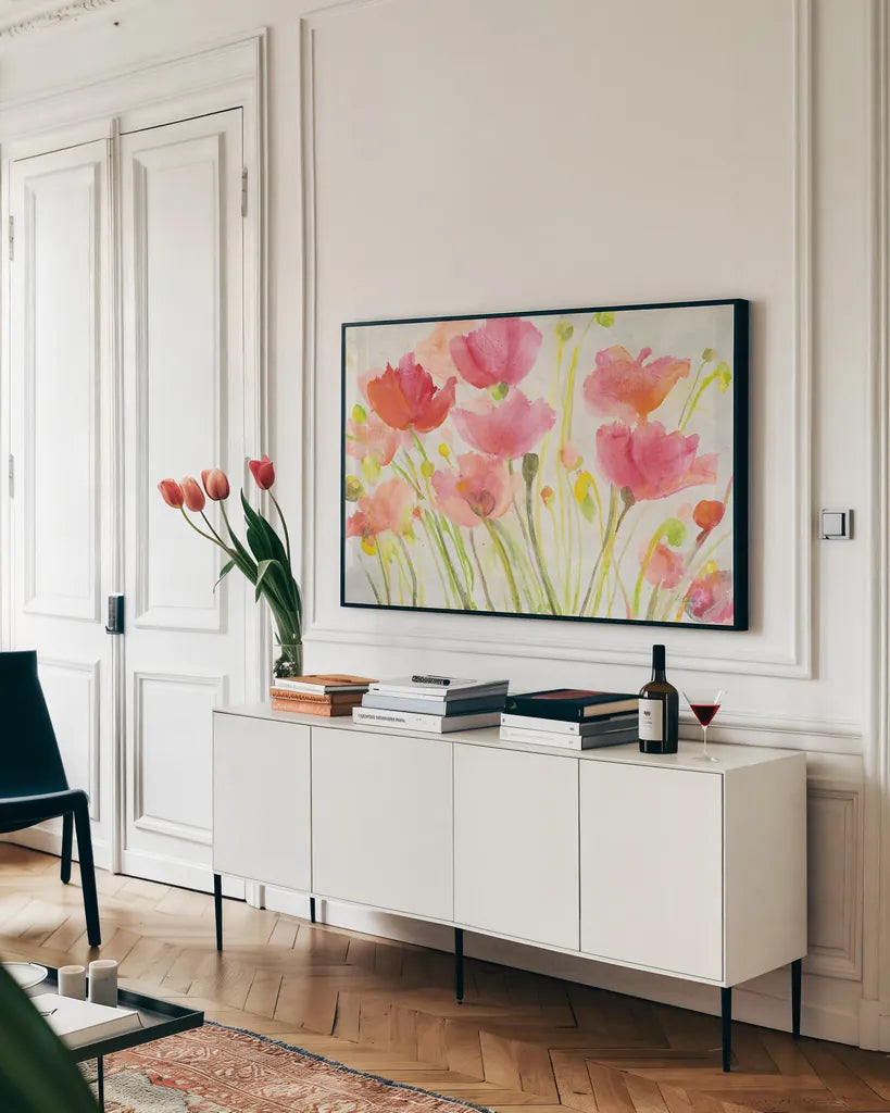 Fluorescent Poppies by Albena Hristova. shown as a framed stretched canvas in a living room above a console. Available as a archival giclee rolled canvas, fine art paper, or poster print. SKU 54826i.